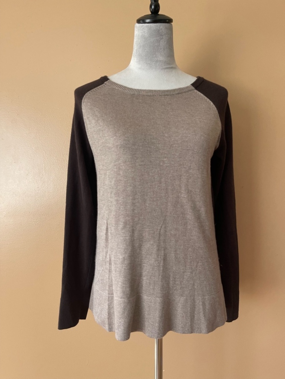 Joan Vass Brown Two-Tone Zip Back Sleeve cashmere blend top size medium